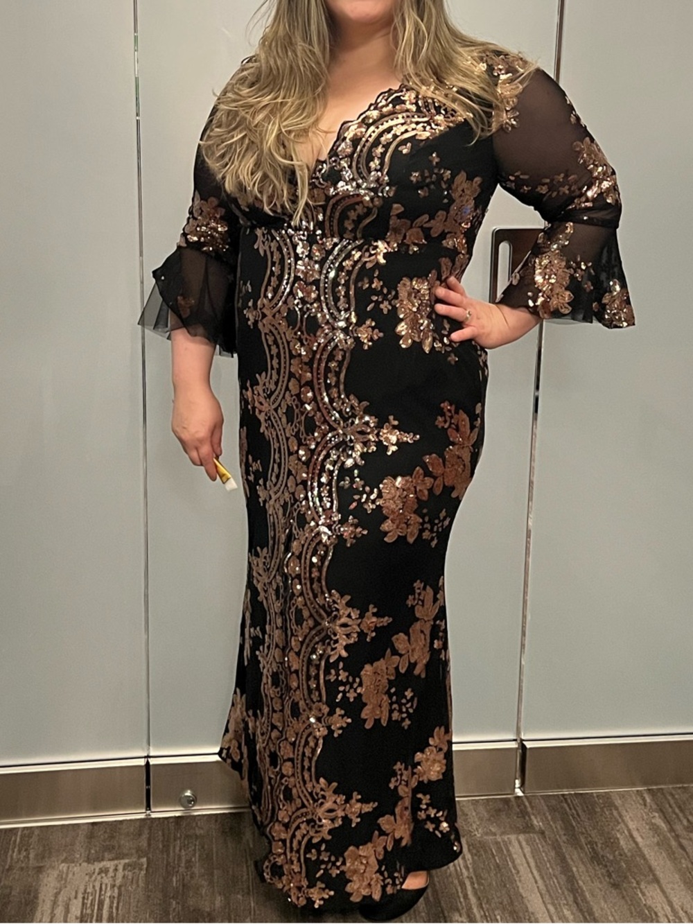 Black Long-Sleeve Sequin Evening Gown with Rose Gold Embroidery